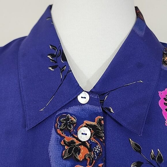 Victoria Soie silk vintage button down floral/rose print long sleeve top size XL - Picture 5 of 10